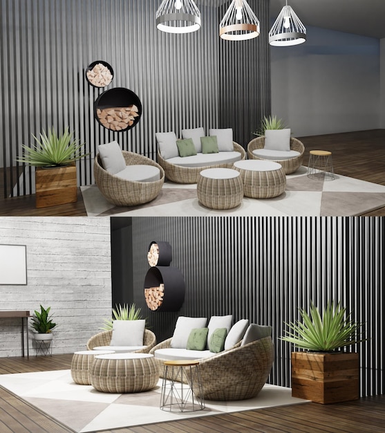 Arredamento per la casa Soggiorno Rendering 3D di interni eleganti Illustrazione 3D di un appartamento moderno