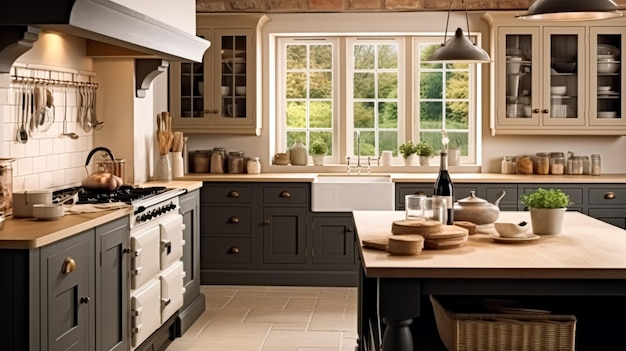 Arredamento scuro della cucina Design degli interni del cottage e miglioramento della casa Mobili da cucina inglesi con cornice in interni in stile casa di campagna