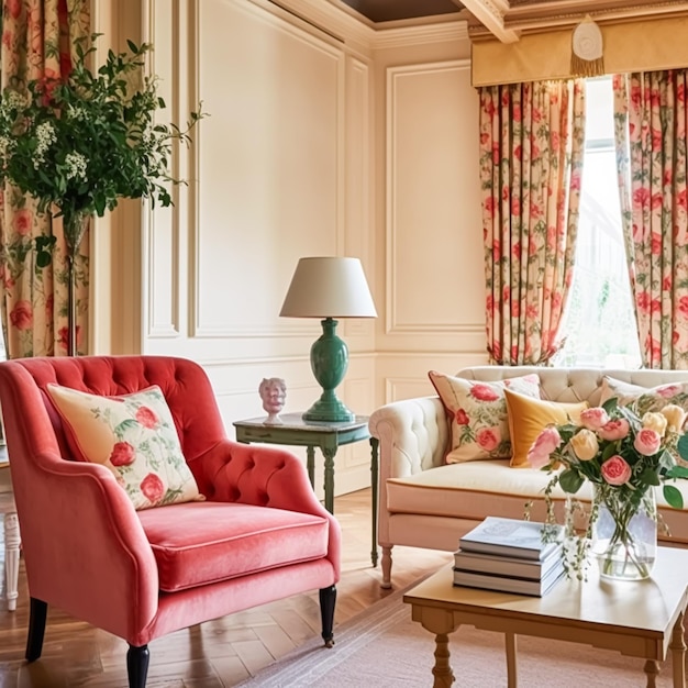 Arredamento soggiorno rosa brillante interior design e miglioramento della casa mobili soggiorno divano e arredamento casa stile cottage generativo ai