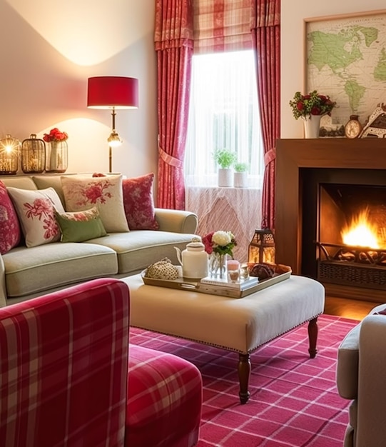 Arredamento tradizionale per salotto, design d'interni, mobili per soggiorno, rosso rosa, divano e decorazioni per la casa in una casa di campagna inglese ed elegante stile cottage, ai generativi postelaborati