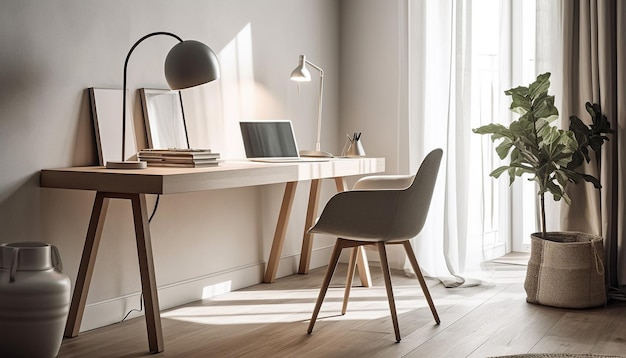Arredamento ufficio minimalista elegante mensola lampada elettrica e comoda poltrona generata da AI