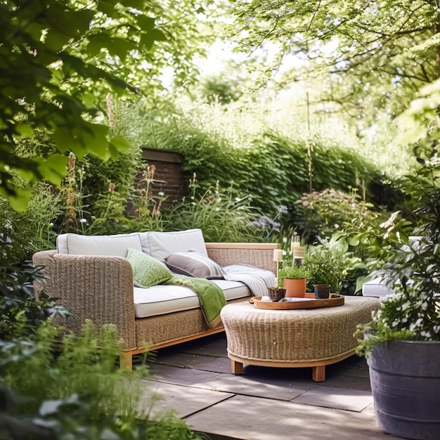 Arredi Da Giardino Per Esterni E Arredi Da Giardino Per Casa Di Campagna Con Divano E Tavolo In Stile Cottage Di Campagna Design Del Paesaggio Generativo Ai