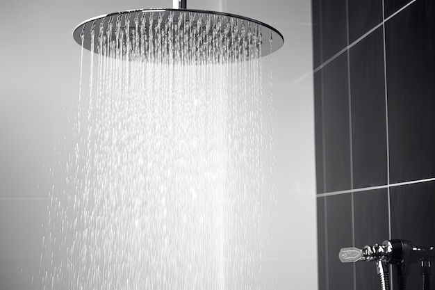 Arrestare il movimento delle gocce d'acqua che cadono dal soffione della doccia sullo sfondo bianco del bagno