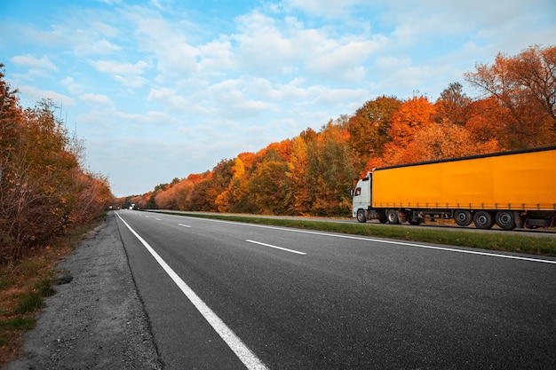 Arrivando camion bianco sulla strada d'autunno