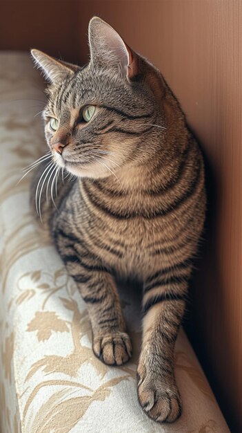Arrogante gatto tabby si rilassa a casa un ritratto divertente Vertical Mobile Wallpaper
