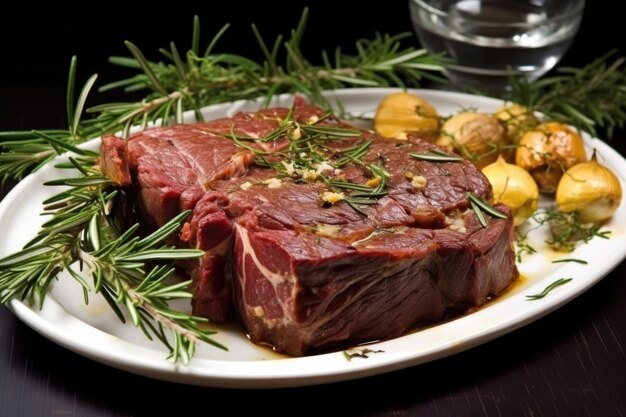 Arrosto di manzo con aglio dorato e foglie verdi di rosmarino su un piatto quadrato fantasia