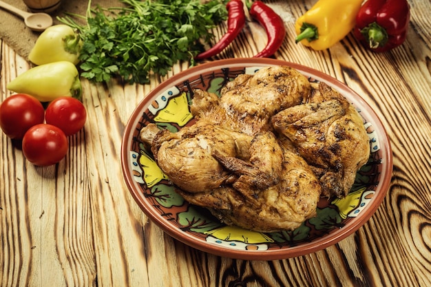 Arrosto di pollo fritto caldo alla griglia Tabaka con erbe aromatiche e aglio su fondo di legno