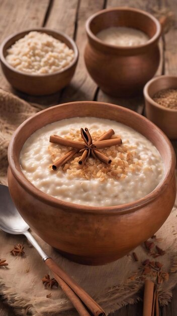 Arroz con leche budino di riso con cannella in una ciotola di argilla su un tavolo di legno