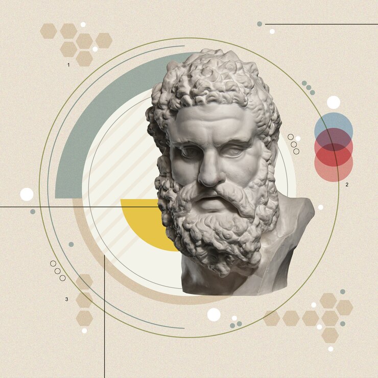 Art collage with antique sculpture of Heracles face and numbers, geometric shapes. Science, research, discovery, technology concept. Beauty, fashion and health theme. Zine culture. Pop art style.