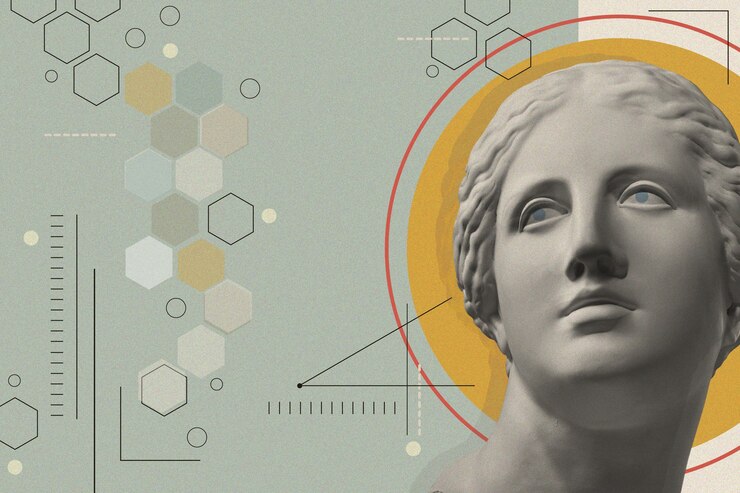 Art collage with antique sculpture of Venus face and numbers, geometric shapes. Beauty, fashion and health theme. Science, research, discovery, technology concept. Zine culture. Pop art style.