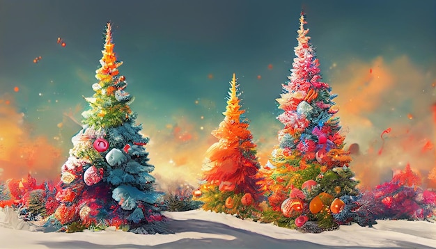 Arte 3D Alberi di Natale decorati colorati nel paesaggio invernale come illustrazione romantica di Natale
