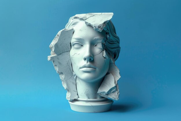 Arte 3D surreale di una donna sottile con la testa di una statua antica