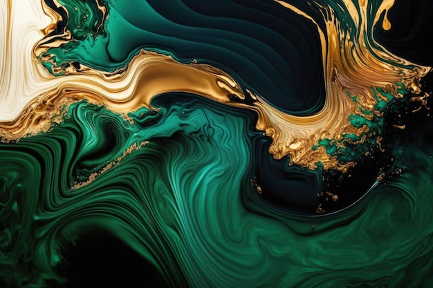 Arte acrilica fluida Onde schiumose dorate e onde verde scuro in un oceano astratto Sfondo o trama con effetto marmo