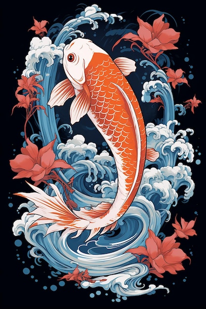 Arte ad acquerello con carpe Koi giapponesi o pesci di stagno che nuotano nell'acqua con le piastrelle di giglio