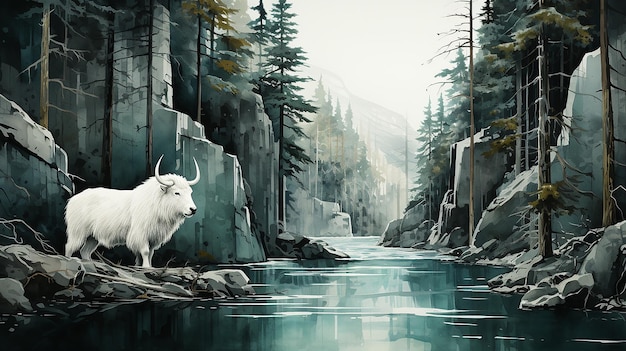 arte ad acquerello di un gruppo di capre di montagna che bevono acqua Ai generato