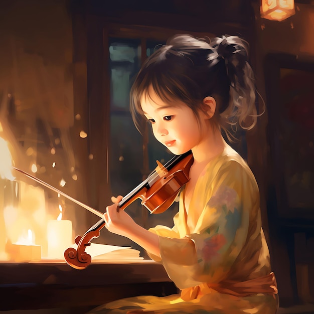 Arte ad acquerello di una bambina che suona Erhu Giovane musicista che suona Rapt Attenti Dongzhi Festival