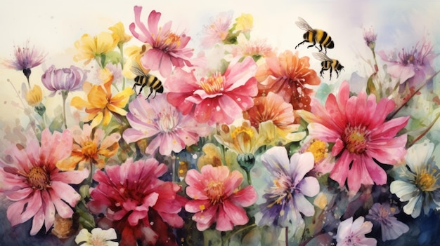 Arte ad acquerello generativa di api che impollinano fiori in un giardino vibrante