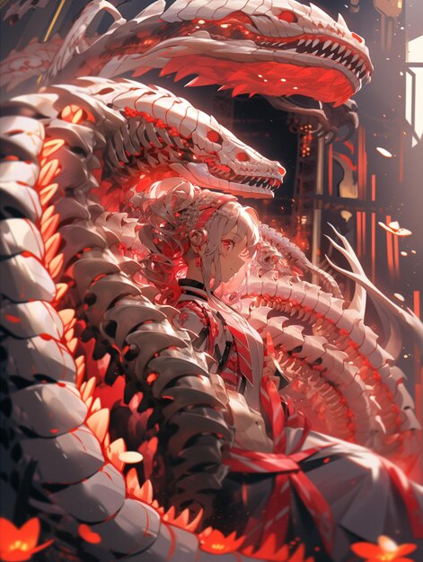 arte anime di un drago gigante con un lungo collo e una lunga coda generativa ai