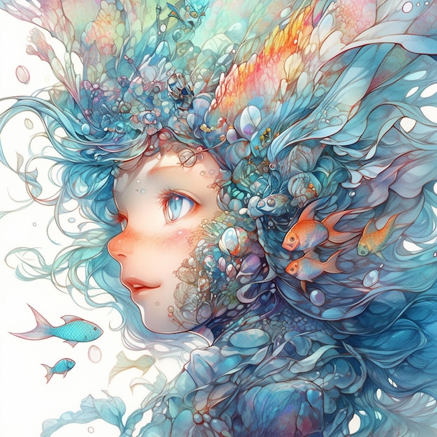 arte anime di una donna con i capelli blu e un pesce generativo ai