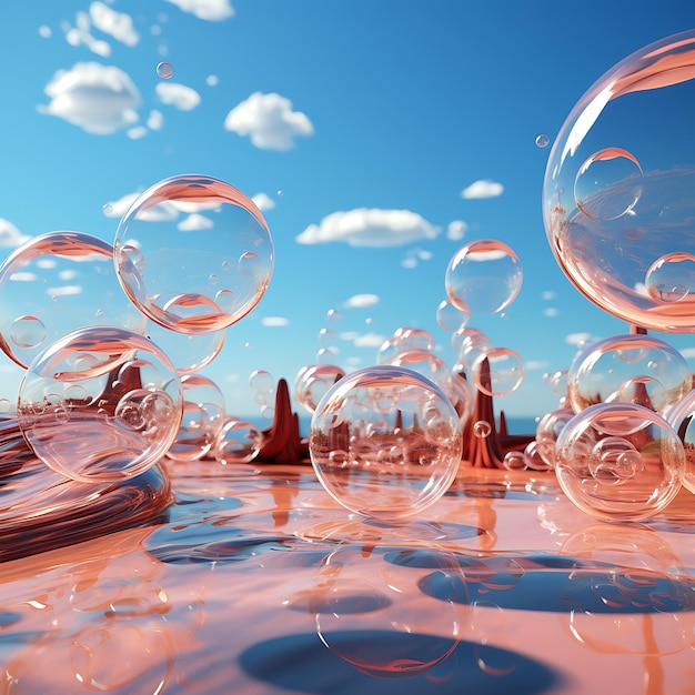 Arte astratta 3d con bolle di sapone trasparenti che galleggiano sullo sfondo del cielo