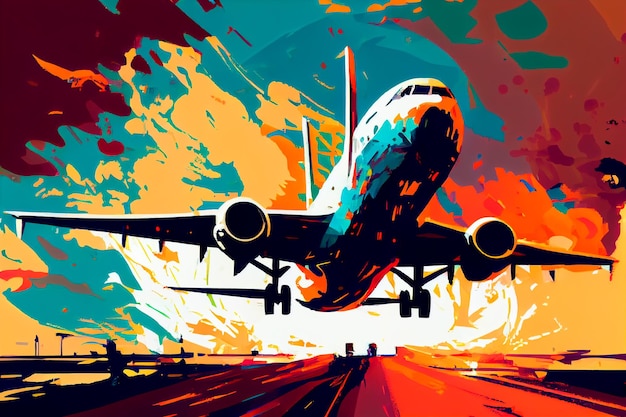 Arte astratta Arte pittorica colorata di un aereo moderno che atterra in aeroporto Illustrazione di sfondo IA generativa