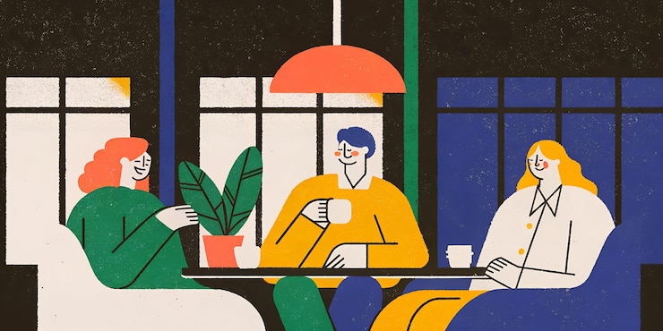 Foto arte astratta di amici che condividono il caffè in un confortevole caffè illustrazione colorata di persone che socializzano impegnandosi in una conversazione su bevande calde in un ambiente moderno