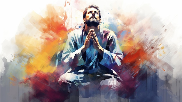 "Arte astratta dipinto colorato di un uomo che prega"