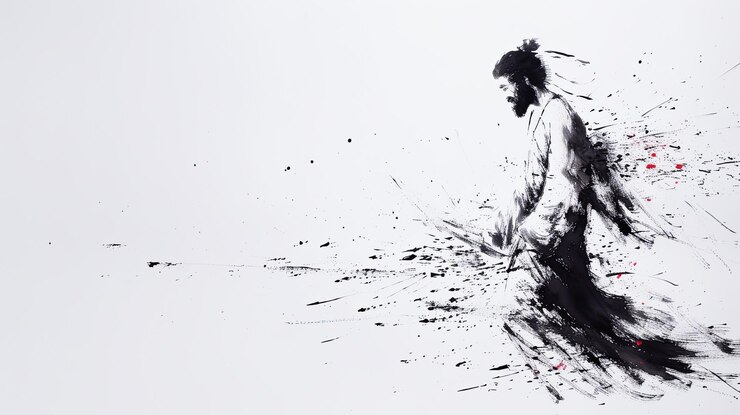 Arte astratta in bianco e nero di un samurai guerriero in abiti tradizionali illustrazione concettuale della cultura dell'arte giapponese