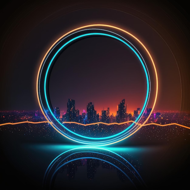 Arte astratta nella vista del grattacielo nella cornice del cerchio dei riflettori al neon