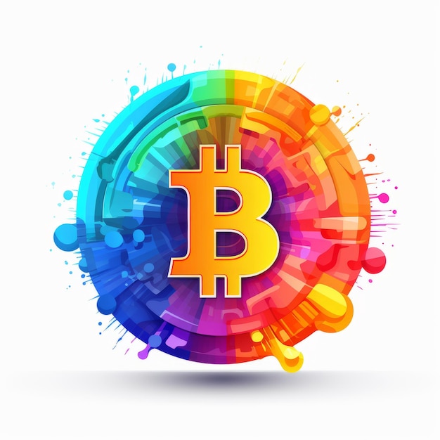 Arte Bitcoin colorata su sfondo bianco Uno splash psichedelico di astrazioni geometriche