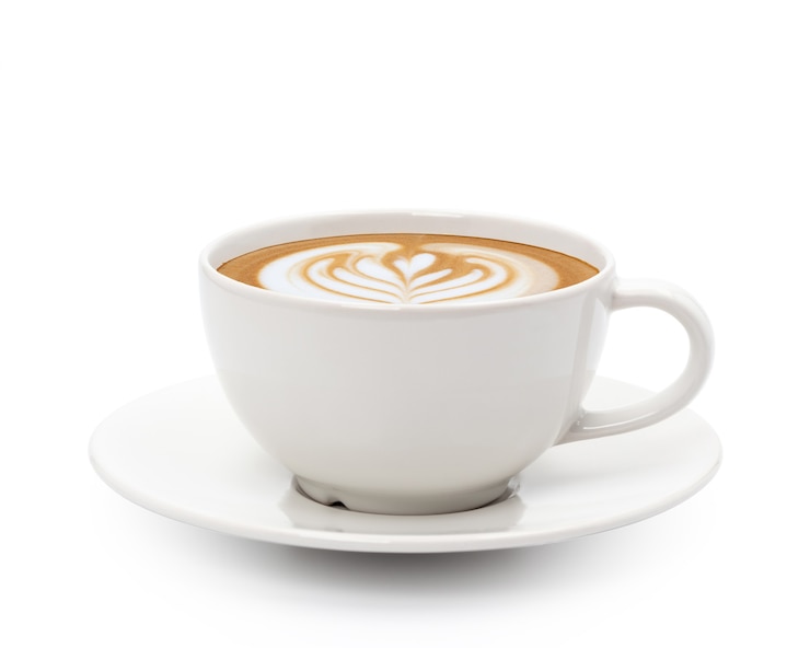 Foto arte calda del latte del cappuccino del caffè isolata su fondo bianco.