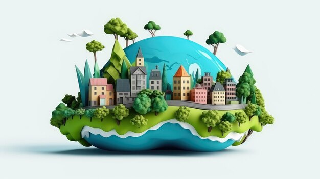 Arte cartacea e stile artigianale digitale Mondo Ecologia verde Città e paesaggio ecologico con città urbana eco Giorno della Terra e mondo Tecnologia Generativa Ai