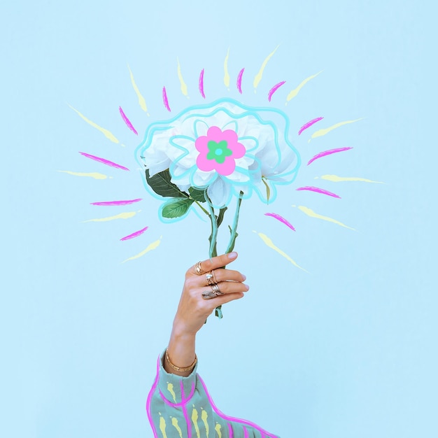 Arte collage minimal contemporanea con un bouquet di fiori in mano concetto di congratulazioni