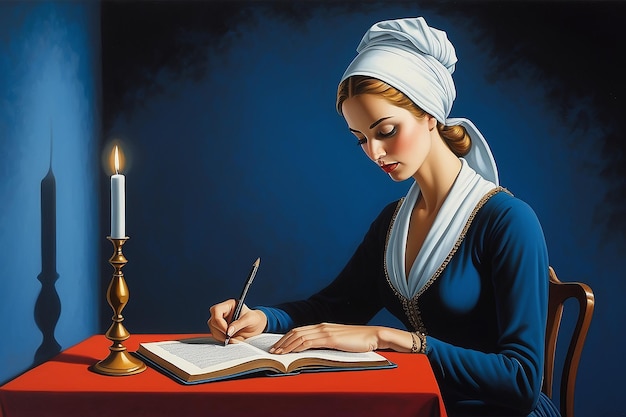 arte concettuale di una donna seduta a un tavolo che scrive in un libro pittura di illustrazione nello stile di Rafal Olbinski