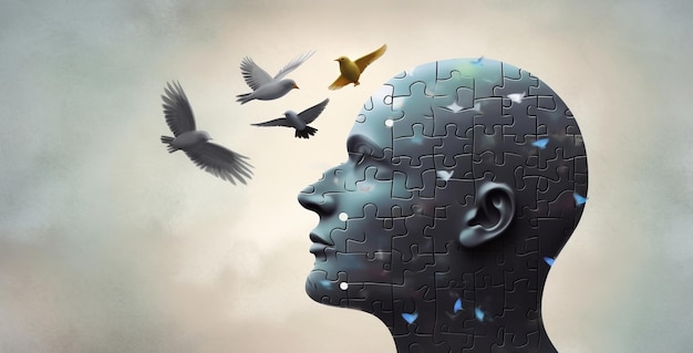 Arte concettuale il concetto di libertà il cervello vita la mente l'anima spiritualità soluzioni e speranza dipinti surreali e un puzzle uccello su una testa umana
