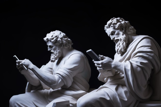 Arte contemporanea con antichi dei greci in stile surrealista e mani che tengono smartphone Statue di uomini in marmo Poster di arte concettuale moderna