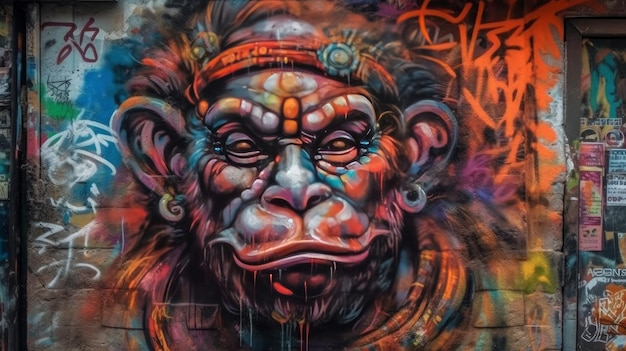 Arte dei graffiti di Shri Hanuman sulla parete AI generativa