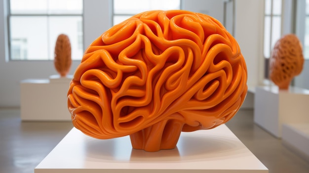 Arte del cervello Scultura del cervello umano fatta di plastica arancione alla mostra di arte contemporanea