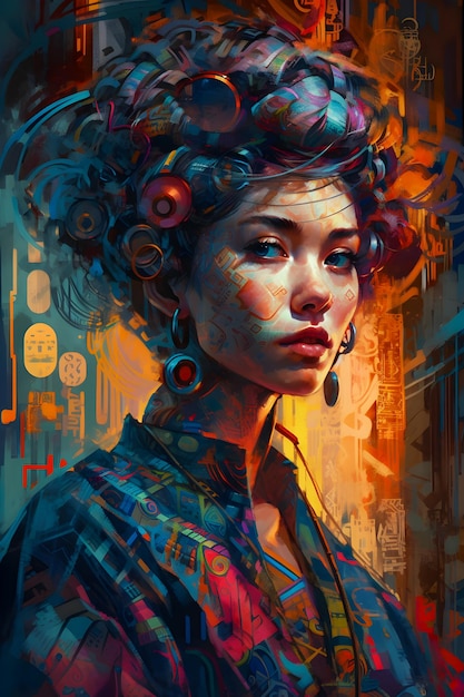 Arte del collage digitale del ritratto di stile disegnato a mano della ragazza di Cyberpunk