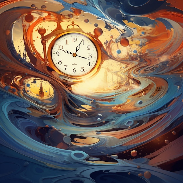 Arte del flusso del tempo che cattura l'essenza dei momenti effimeri con orologi e clessidre vorticosi