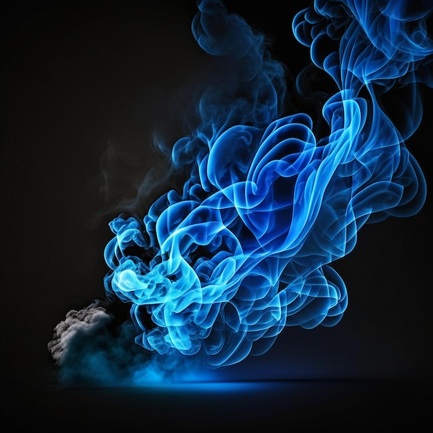 Arte del fumo blu brillante che si muove verso l'alto su sfondo nero