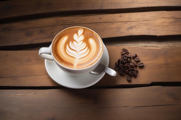 Arte del latte al caffè caldo su sfondo di legno