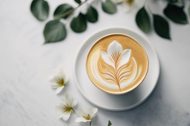 Arte del latte del fiore del caffè bianco piatto sulla tavola bianca Illustrazione AI Generativo