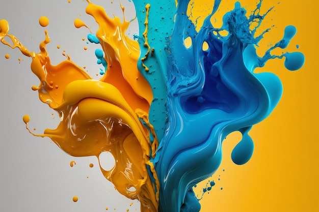 Arte del primo piano di vernice acrilica blu e gialla che spruzza IA generativa