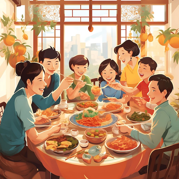 Arte dell'acquerello della cena di famiglia allargata, grande incontro di legame al Dining Tab Dongzhi Festival