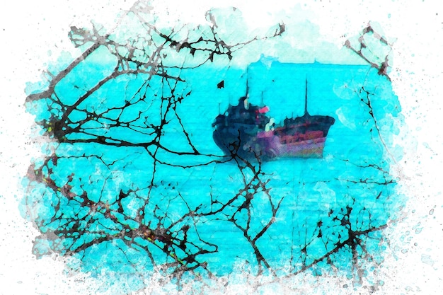Arte dell'acquerello, una nave abbandonata nel mare attraverso i rami dell'albero