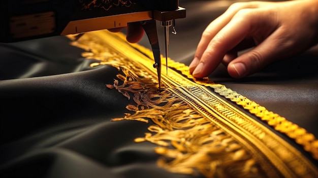 Arte dell'eredità Una mano che cuce un abito con ricami d'oro