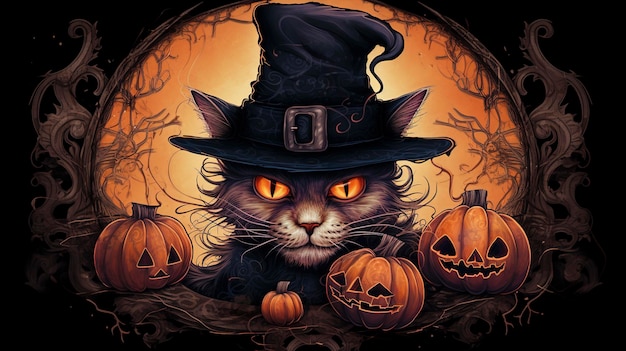Arte dell'illustrazione del gatto e della zucca di Halloween