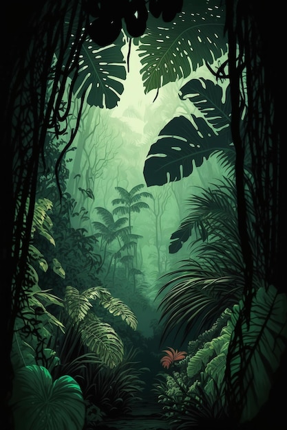 Arte dell'illustrazione dello sfondo della foresta tropicale. AI generativo