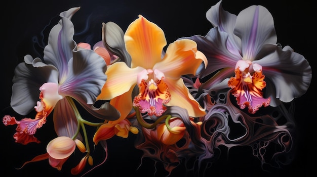 Arte dell'orchidea Orchidea di fuoco nero fantasia elegante Fiori mistici Motivo floreale unico